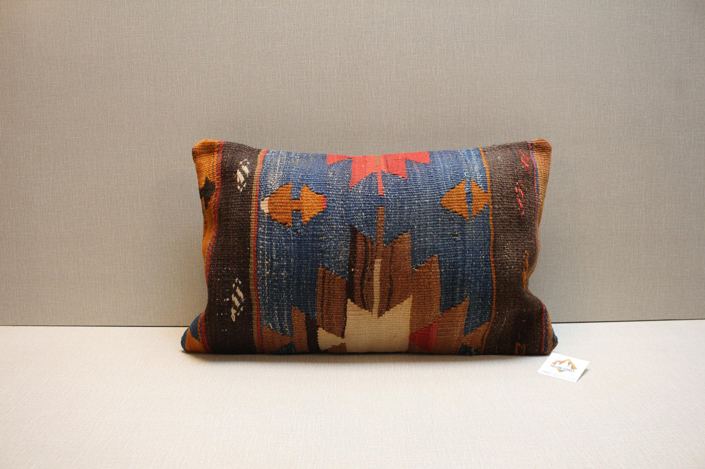 Vintage Turkish Kilim Lumbar Pillow Cover: 12x20 Blue Brown Red