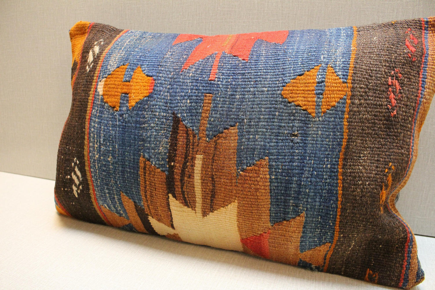 Vintage Turkish Kilim Lumbar Pillow Cover: 12x20 Blue Brown Red