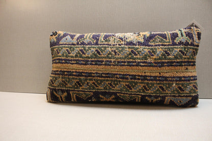 Vintage Turkish Rug Pillow Cover: Ethnic Woven Wool Lumbar Cushion (12x24 in.)
