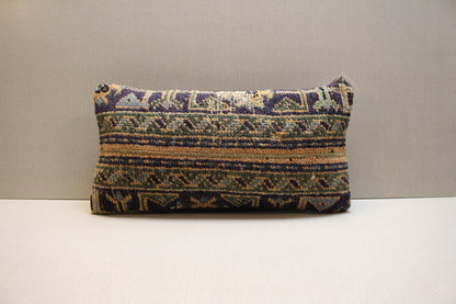 Vintage Turkish Rug Pillow Cover: Ethnic Woven Wool Lumbar Cushion (12x24 in.)