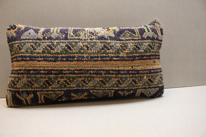 Vintage Turkish Rug Pillow Cover: Ethnic Woven Wool Lumbar Cushion (12x24 in.)