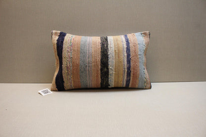 Striped Kilim Pillow Cover: Handmade Turkish Rug Cushion, Boho Decor (12x20 in