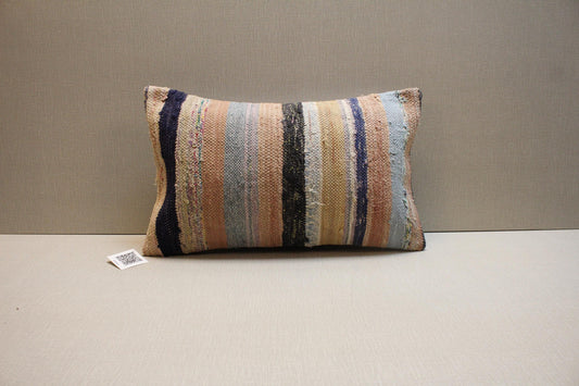 Striped Kilim Pillow Cover: Handmade Turkish Rug Cushion, Boho Decor (12x20 in