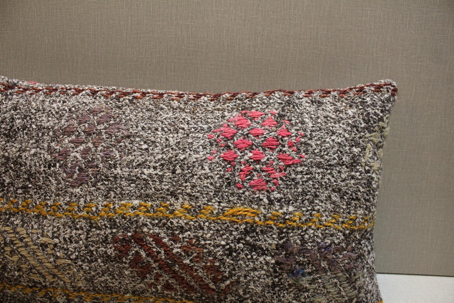 Gray Kilim Pillow – Handmade Turkish Rug Cushion with Yellow Red Brown Motifs