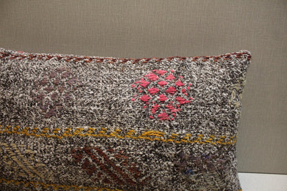 Gray Kilim Pillow – Handmade Turkish Rug Cushion with Yellow Red Brown Motifs