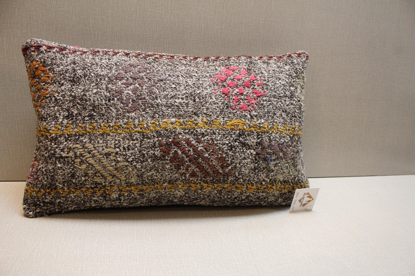 Gray Kilim Pillow – Handmade Turkish Rug Cushion with Yellow Red Brown Motifs