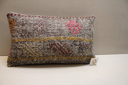 Gray Kilim Pillow – Handmade Turkish Rug Cushion with Yellow Red Brown Motifs