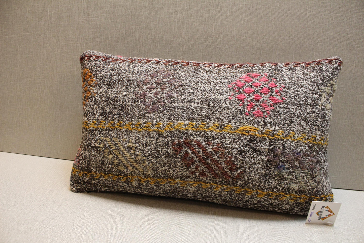 Gray Kilim Pillow – Handmade Turkish Rug Cushion with Yellow Red Brown Motifs
