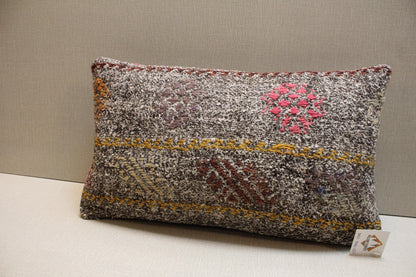 Gray Kilim Pillow – Handmade Turkish Rug Cushion with Yellow Red Brown Motifs