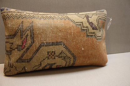 Handwoven Turkish Kilim Pillow Cover 12x24: Beige Brown Tribal Lumbar Cushion