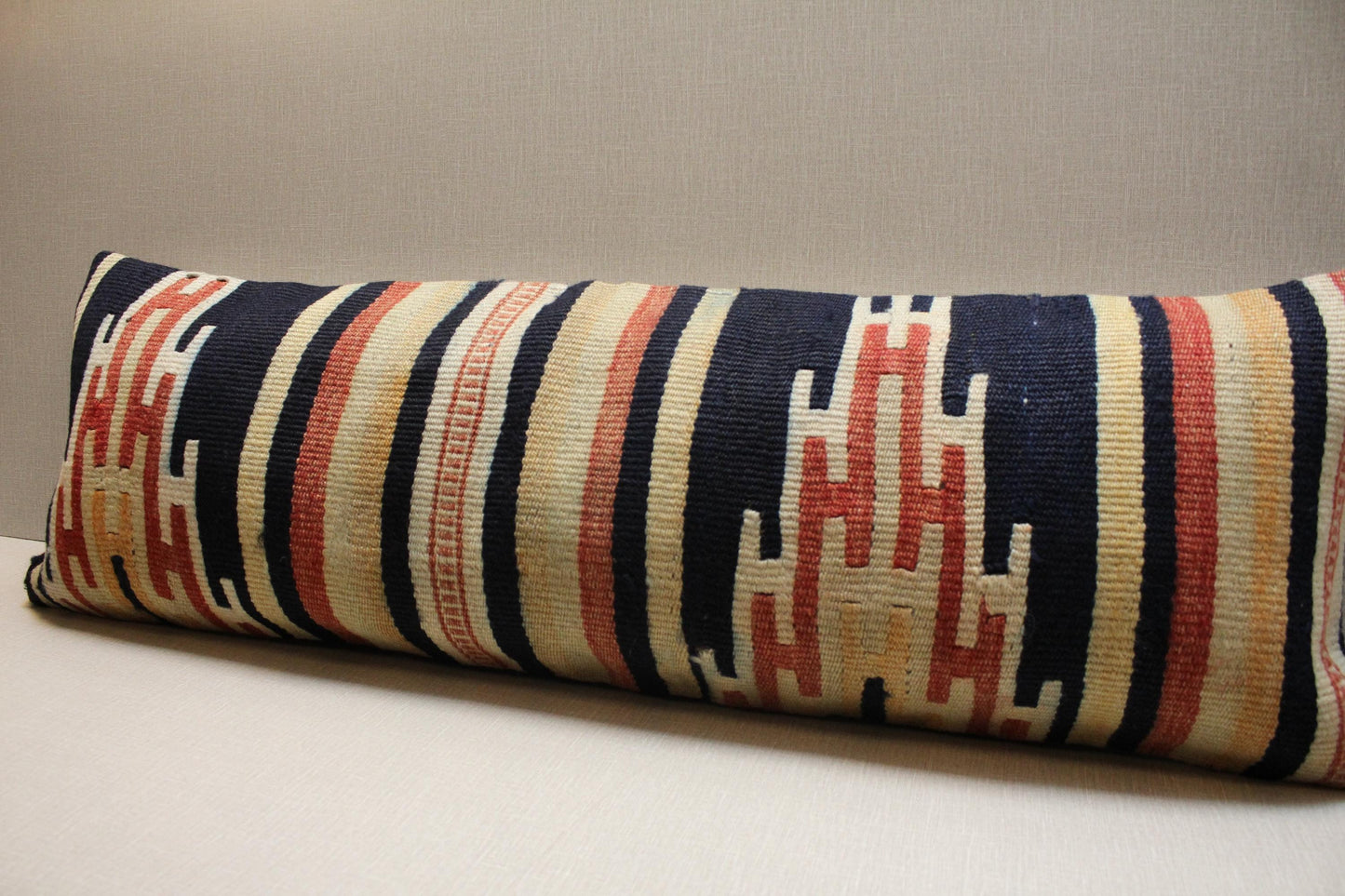 Handwoven Turkish Kilim Pillow Cover 12x36: Navy Blue Beige Tribal Lumbar Cushion