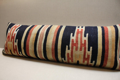 Handwoven Turkish Kilim Pillow Cover 12x36: Navy Blue Beige Tribal Lumbar Cushion