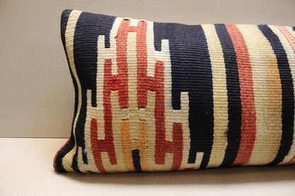 Handwoven Turkish Kilim Pillow Cover 12x36: Navy Blue Beige Tribal Lumbar Cushion