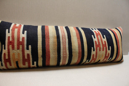 Handwoven Turkish Kilim Pillow Cover 12x36: Navy Blue Beige Tribal Lumbar Cushion