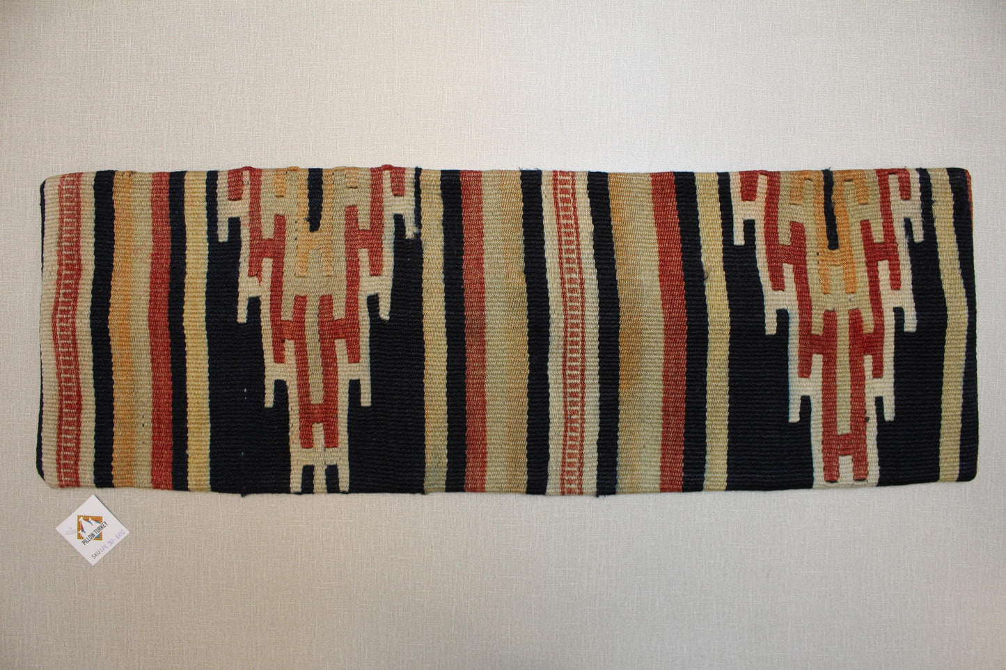 Handwoven Turkish Kilim Pillow Cover 12x36: Navy Blue Beige Tribal Lumbar Cushion