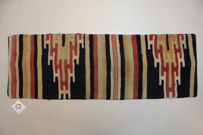 Handwoven Turkish Kilim Pillow Cover 12x36: Navy Blue Beige Tribal Lumbar Cushion
