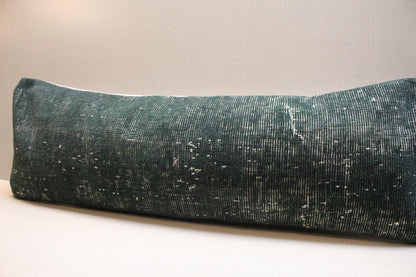 Handwoven Turkish Kilim Pillow Cover 12x36: Emerald Green Lumbar Cushion