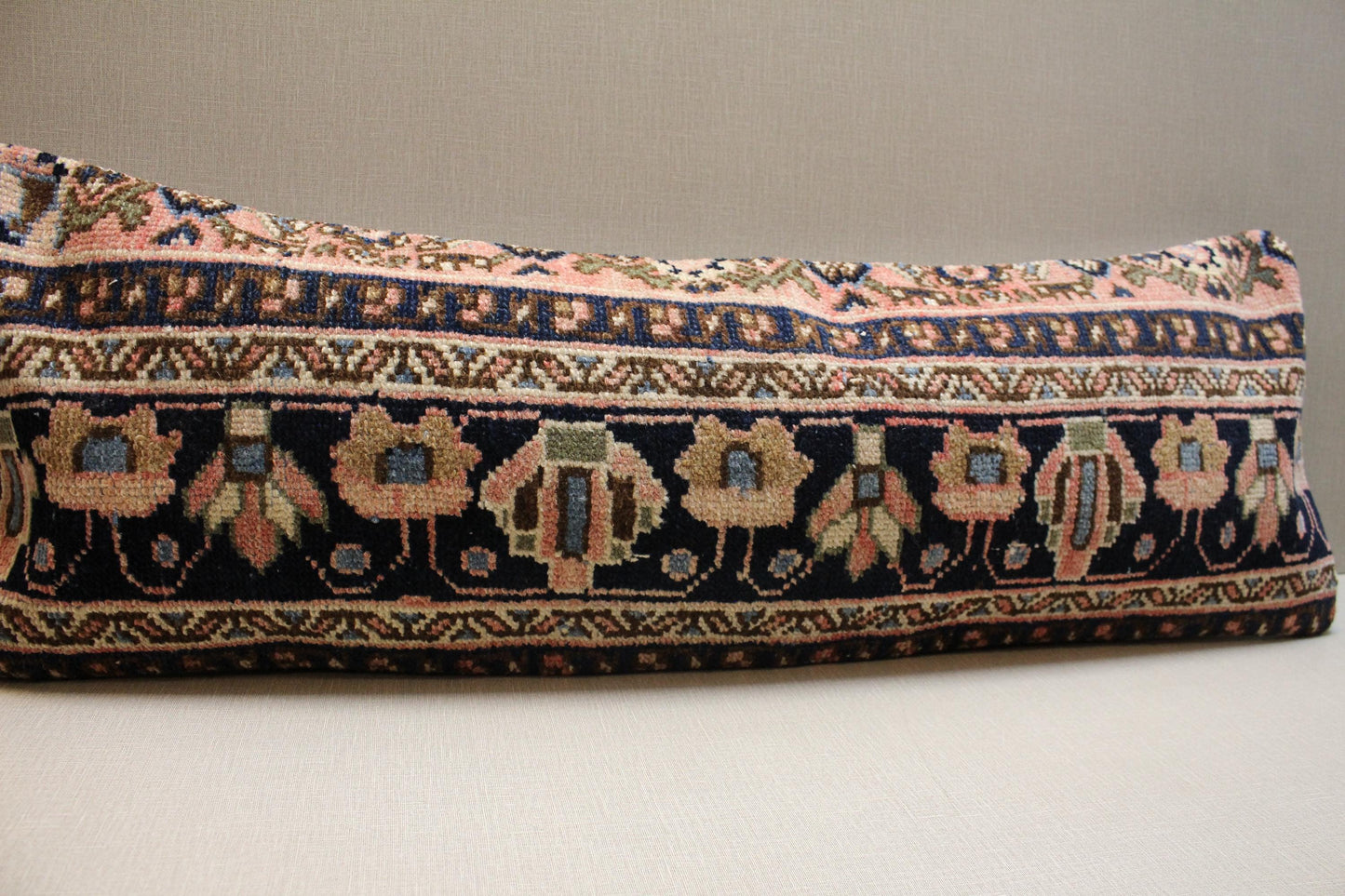 Handwoven Turkish Kilim Lumbar Pillow Cover 12x36: Navy Blue Floral Boho Decor