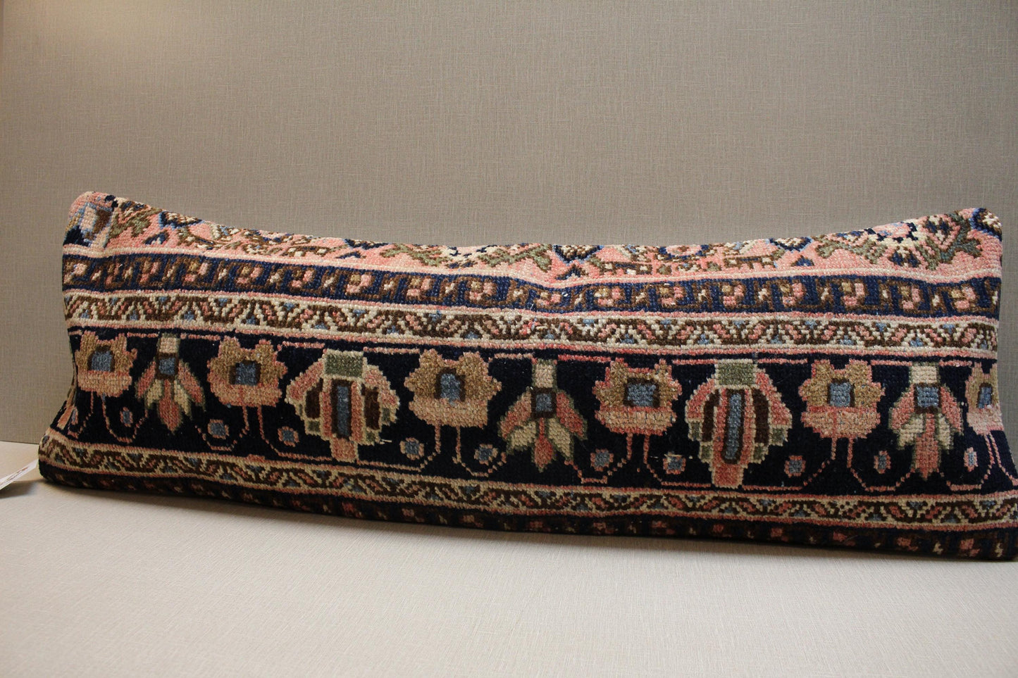 Handwoven Turkish Kilim Lumbar Pillow Cover 12x36: Navy Blue Floral Boho Decor