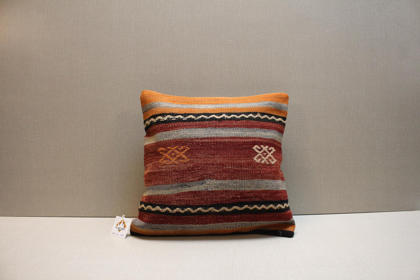 Handwoven Kilim Pillow Cover: Rust Red & Mustard Yellow Boho Cushion (16x16 inch)