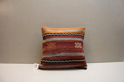 Handwoven Kilim Pillow Cover: Rust Red & Mustard Yellow Boho Cushion (16x16 inch)