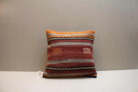 Handwoven Kilim Pillow Cover: Rust Red & Mustard Yellow Boho Cushion (16x16 inch)