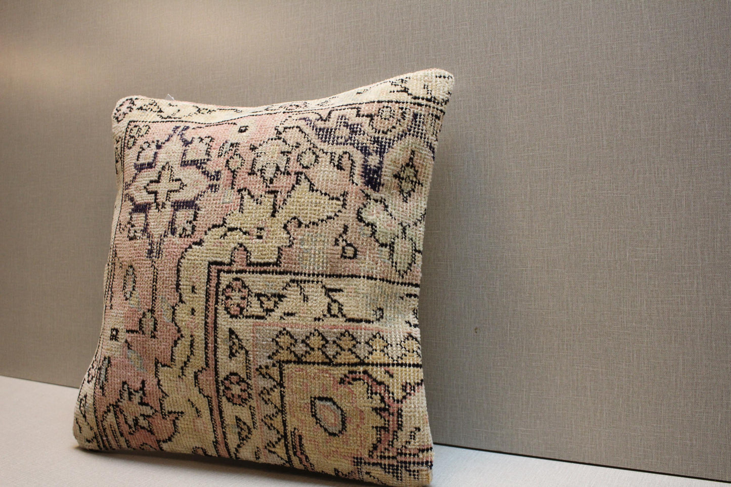 Handwoven Kilim Pillow Cover: Vintage Turkish Rug, Pastel Beige & Pink 16x16