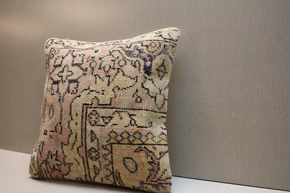 Handwoven Kilim Pillow Cover: Vintage Turkish Rug, Pastel Beige & Pink 16x16