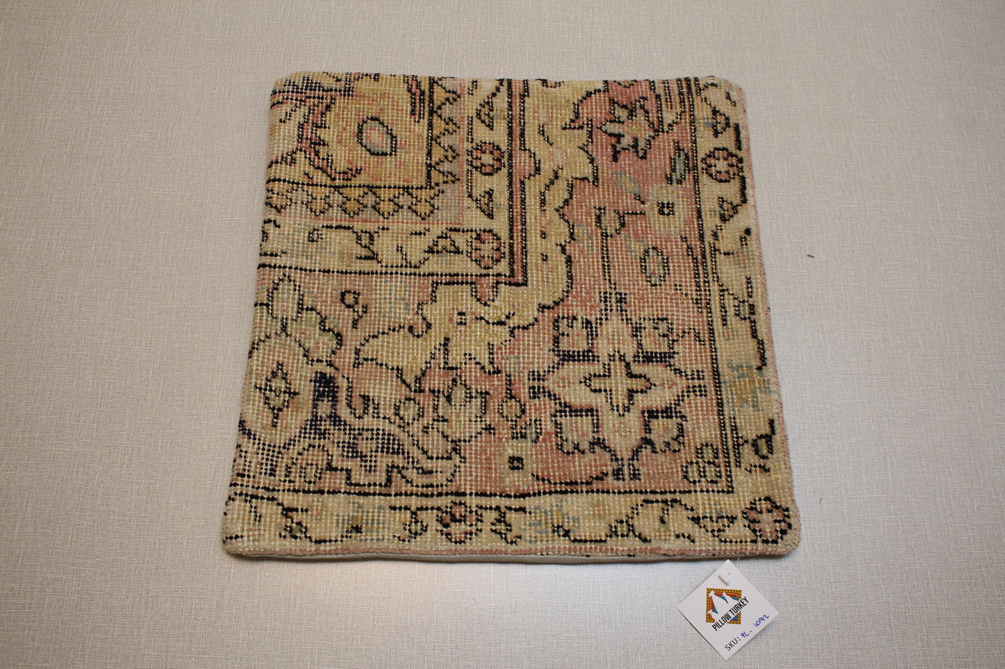 Handwoven Kilim Pillow Cover: Vintage Turkish Rug, Pastel Beige & Pink 16x16