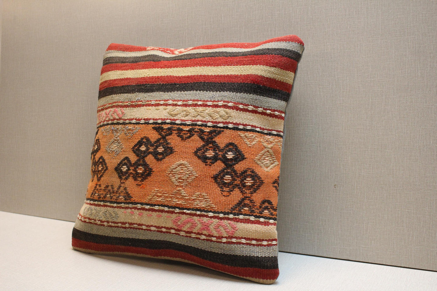 Handwoven Kilim Pillow Cover: Vintage Turkish Striped Boho Cushion