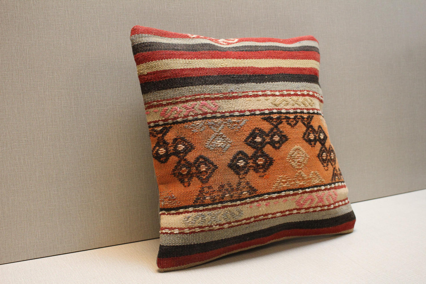Handwoven Kilim Pillow Cover: Vintage Turkish Striped Boho Cushion