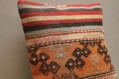 Handwoven Kilim Pillow Cover: Vintage Turkish Striped Boho Cushion