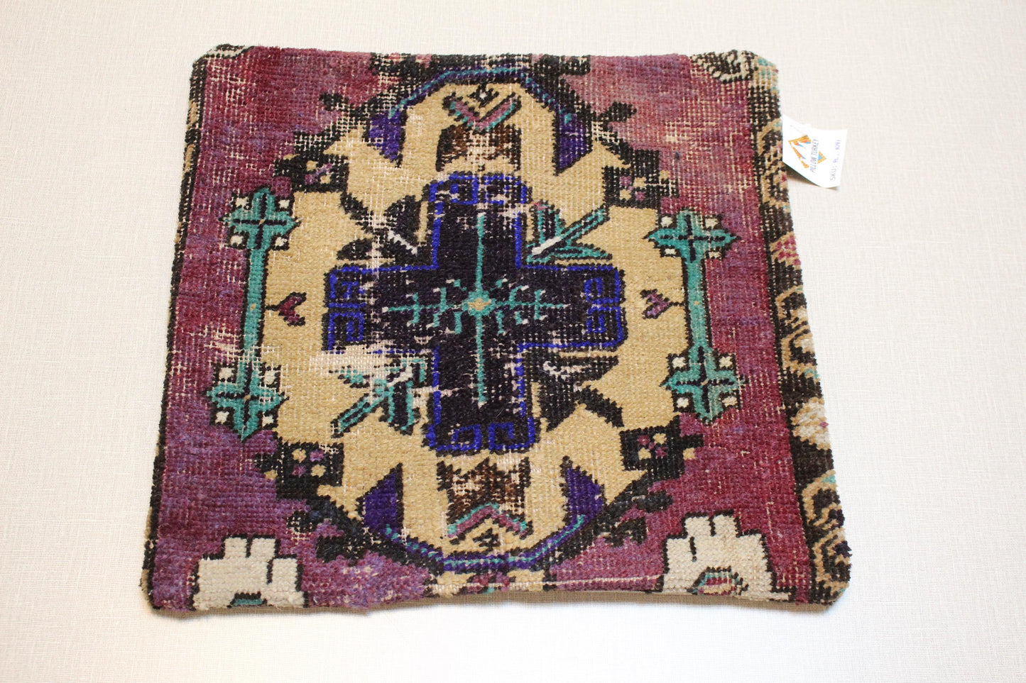 Handwoven Kilim Pillow Cover: Purple, Beige, Teal Tribal Design - 16x16 Boho Decor