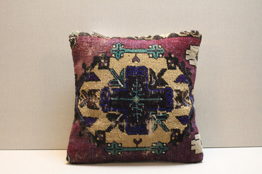 Handwoven Kilim Pillow Cover: Purple, Beige, Teal Tribal Design - 16x16 Boho Decor