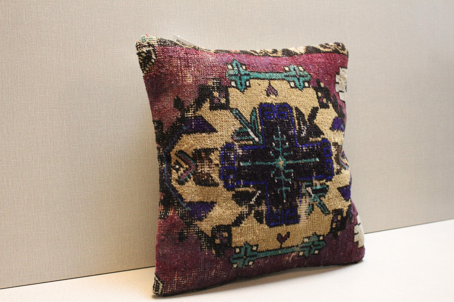 Handwoven Kilim Pillow Cover: Purple, Beige, Teal Tribal Design - 16x16 Boho Decor