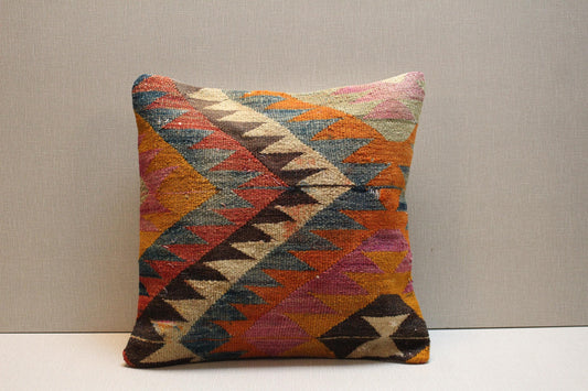 Handwoven Kilim Pillow Cover: Vintage Turkish Geometric Cushion, 16x16
