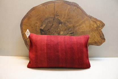 Handwoven Kilim Lumbar Pillow Cover 12x20: Rustic Red Turkish Rug Cushion