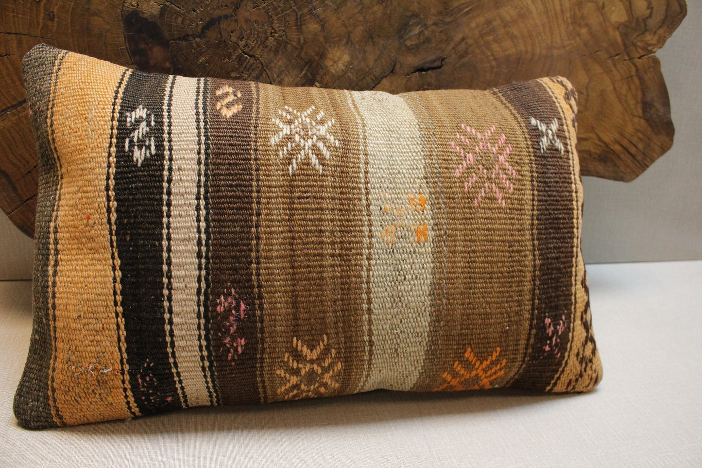 Handwoven Kilim Lumbar Pillow Cover: Vintage Turkish Rug, Brown Striped, 12x20