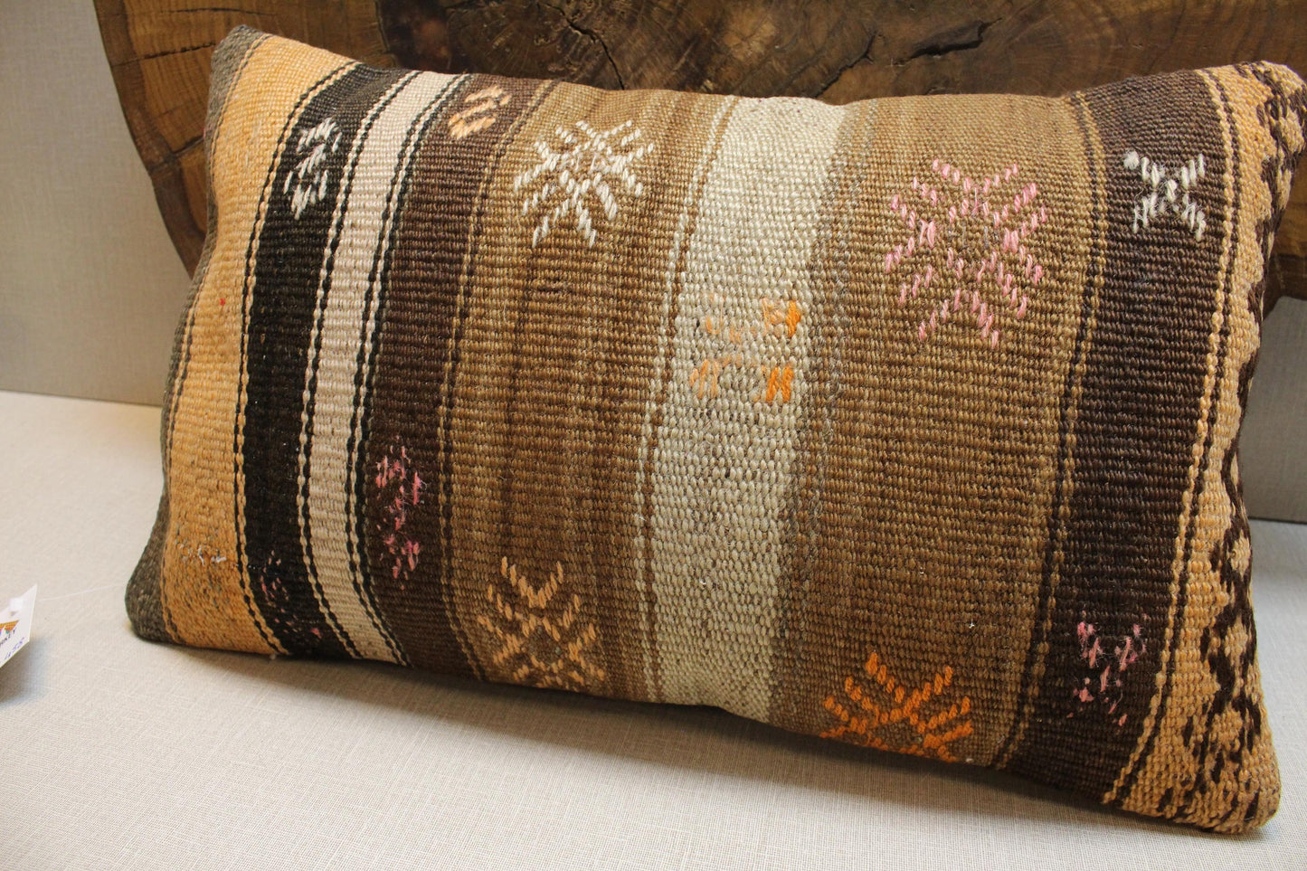 Handwoven Kilim Lumbar Pillow Cover: Vintage Turkish Rug, Brown Striped, 12x20