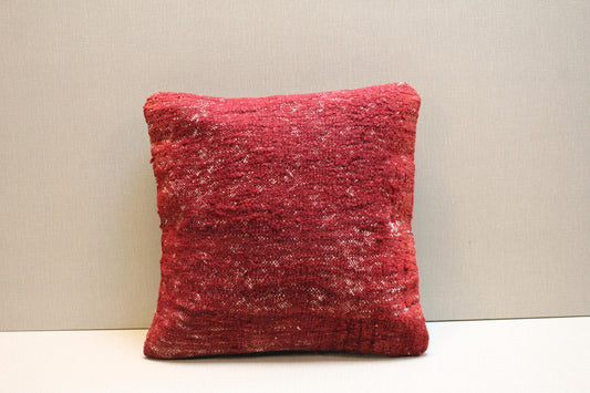 Red Turkish Kilim Pillow Cover: Vintage Woven Rug Cushion, 16x16 Boho Decor