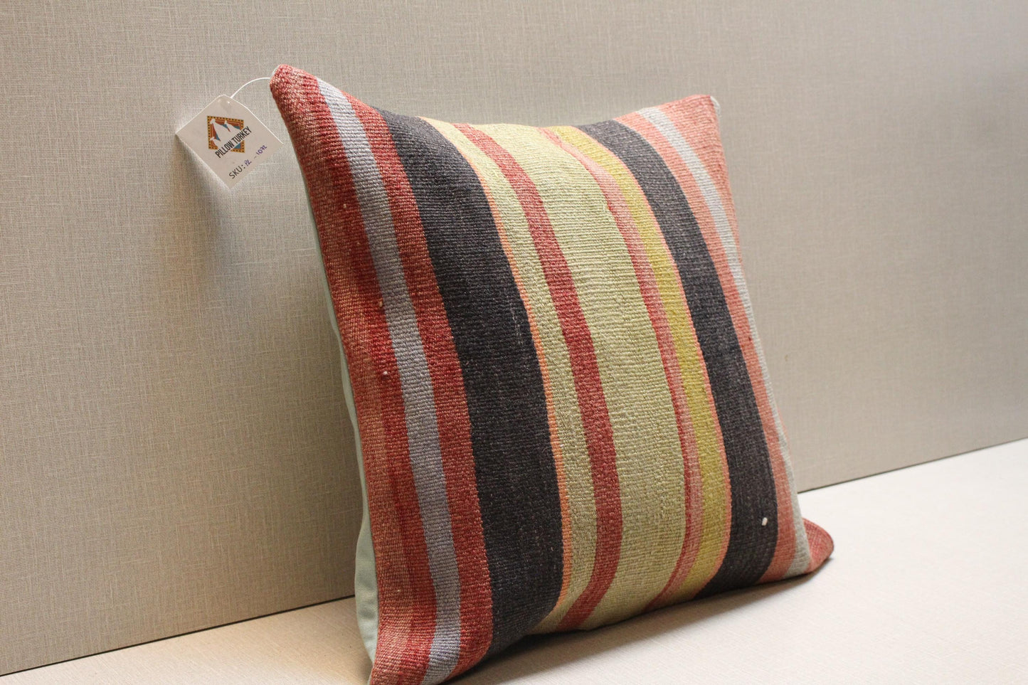 Handmade Striped Kilim Pillow Cover: Vintage Turkish Rug Cushion, 16x16 Boho Throw