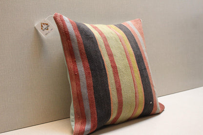 Handmade Striped Kilim Pillow Cover: Vintage Turkish Rug Cushion, 16x16 Boho Throw