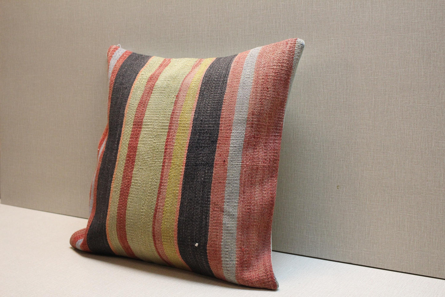 Handmade Striped Kilim Pillow Cover: Vintage Turkish Rug Cushion, 16x16 Boho Throw