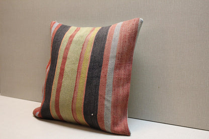Handmade Striped Kilim Pillow Cover: Vintage Turkish Rug Cushion, 16x16 Boho Throw