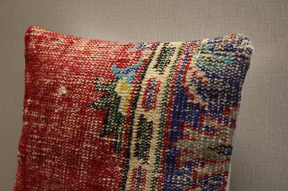 Red Kilim Pillow Cover: Vintage Turkish Rug, Boho Throw Cushion (16x16 inch)