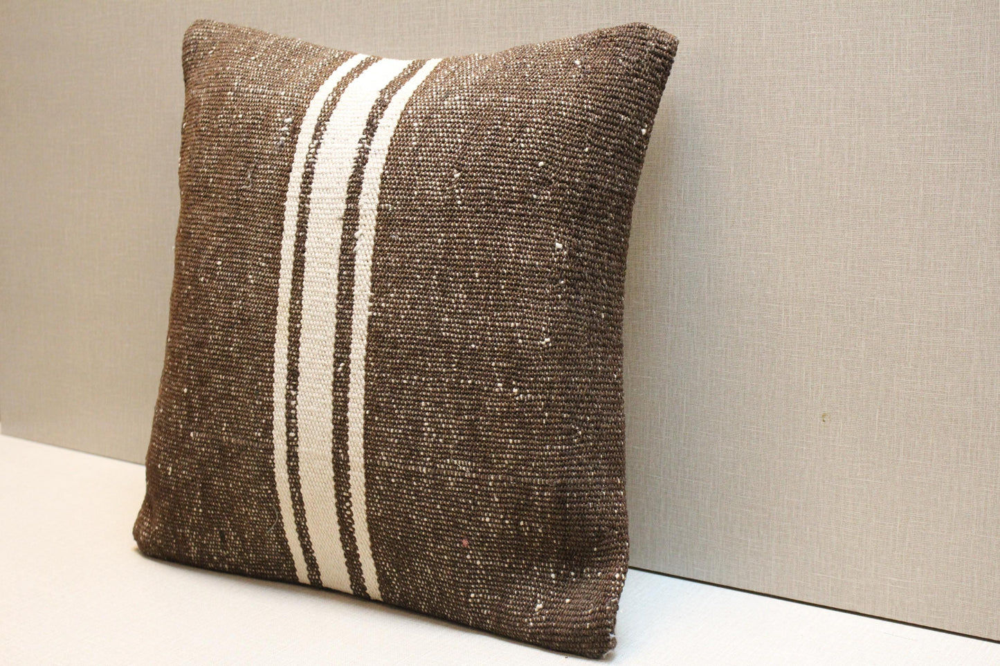 Handmade Brown Kilim Pillow Cover: Vintage Turkish Rug Cushion 16x16