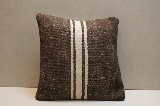 Handmade Brown Kilim Pillow Cover: Vintage Turkish Rug Cushion 16x16