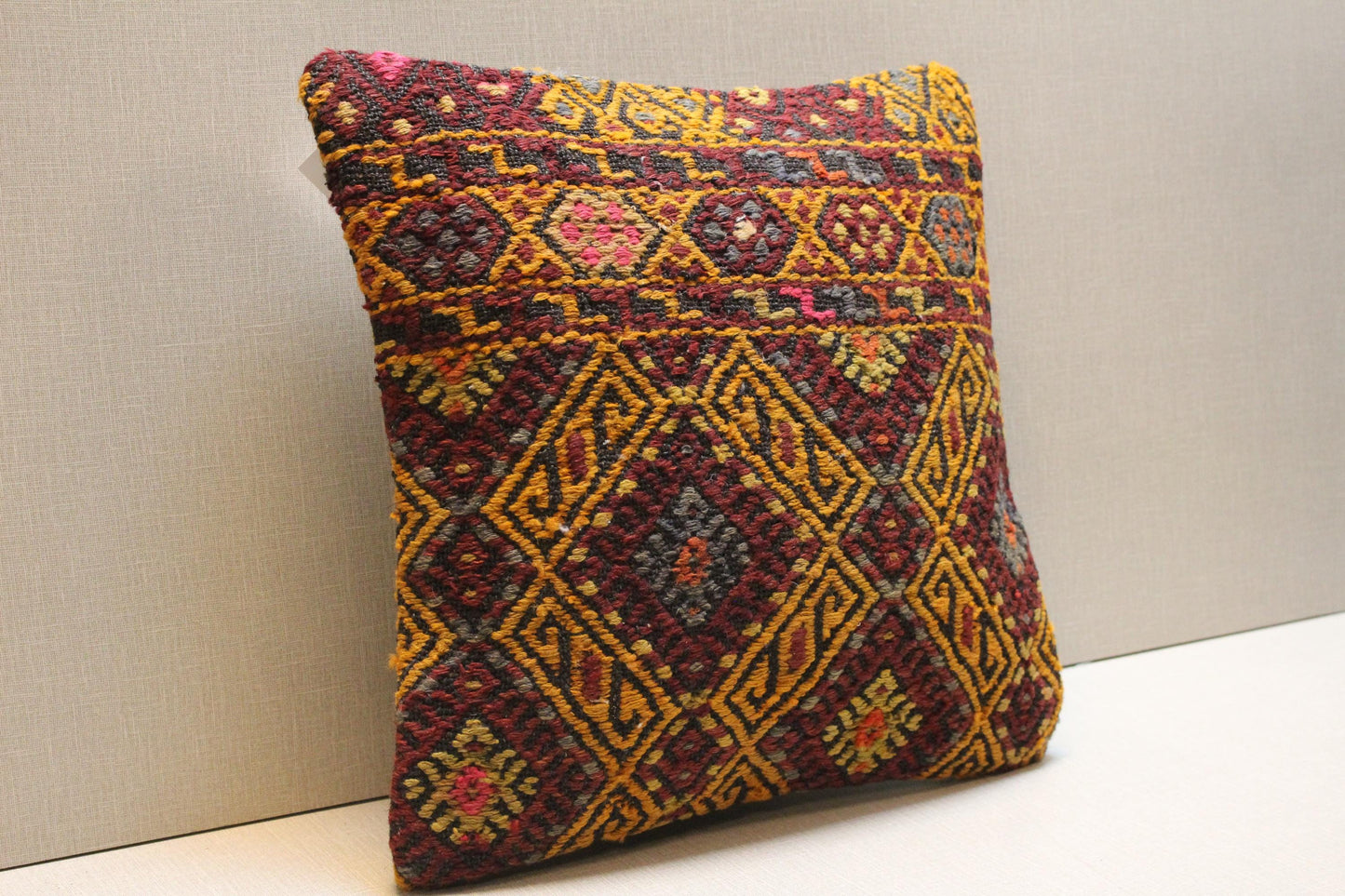 Handmade Kilim Pillow Cover: Vintage Turkish Rug Cushion, 16x16 inch