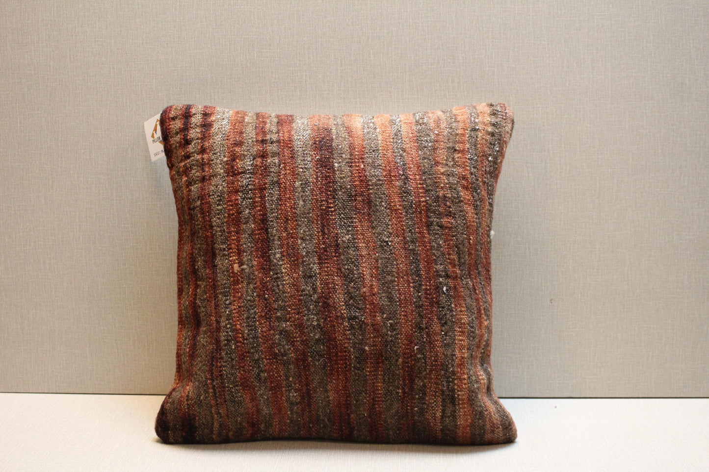 Brown Striped Kilim Pillow Cover: Vintage Turkish Rug Cushion, 16x16