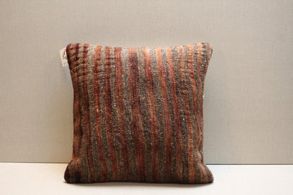 Brown Striped Kilim Pillow Cover: Vintage Turkish Rug Cushion, 16x16
